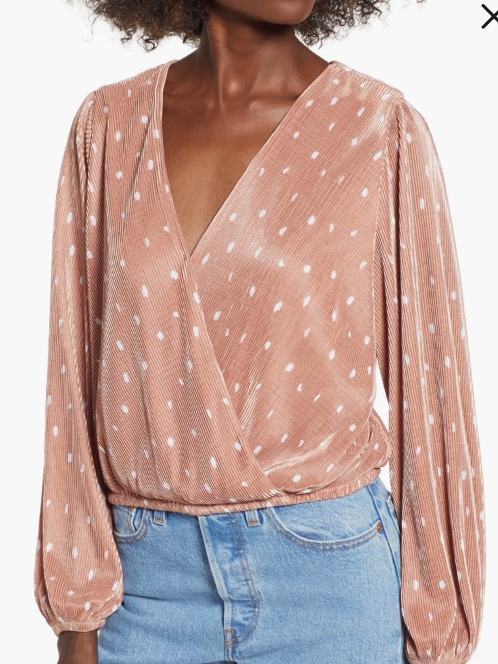ASTR the Label Pleated Surplice Top Pink Polka Dot Long Sleeve Blouse Sold Out